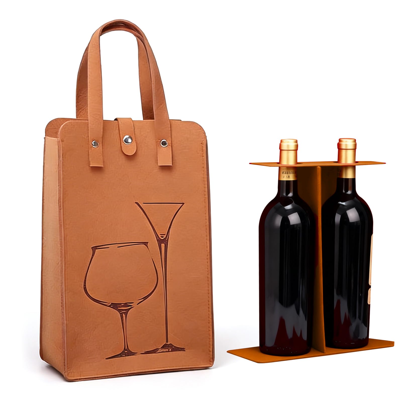 Khaki Double Wine Bag, Thick Felt Wine Tote Bag with Handles, Reusable Wine Gift Bag for 2 Bottles (750ml), Anti-Collision Bottle Carrier for Wedding Picnic Family Gatherings Holiday Parties (1PCS)