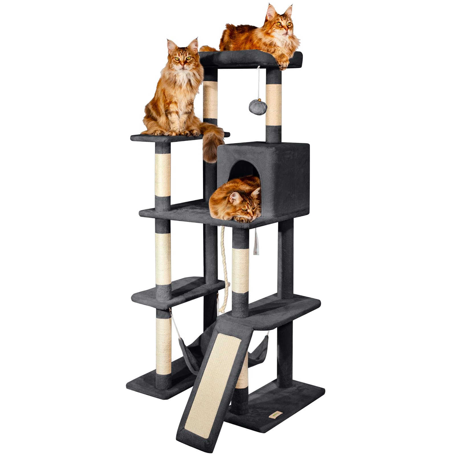 Árbol de Gato XL, rascador para Gato, Percha, nicho, Hamaca, Pelota, columnas de sisal, Peluche, Altura 160 cm, Gris Oscuro, garantía de 5 años