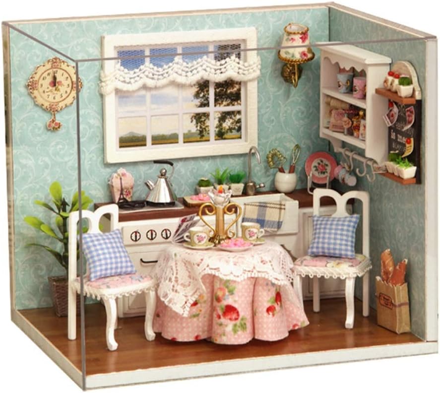 DIYドールハウス 夢のようなDIYの木の人形の家手芸ミニチュアキットキッチンコーナーモデル家具（ハッピーキッチン） 知育玩具 (C