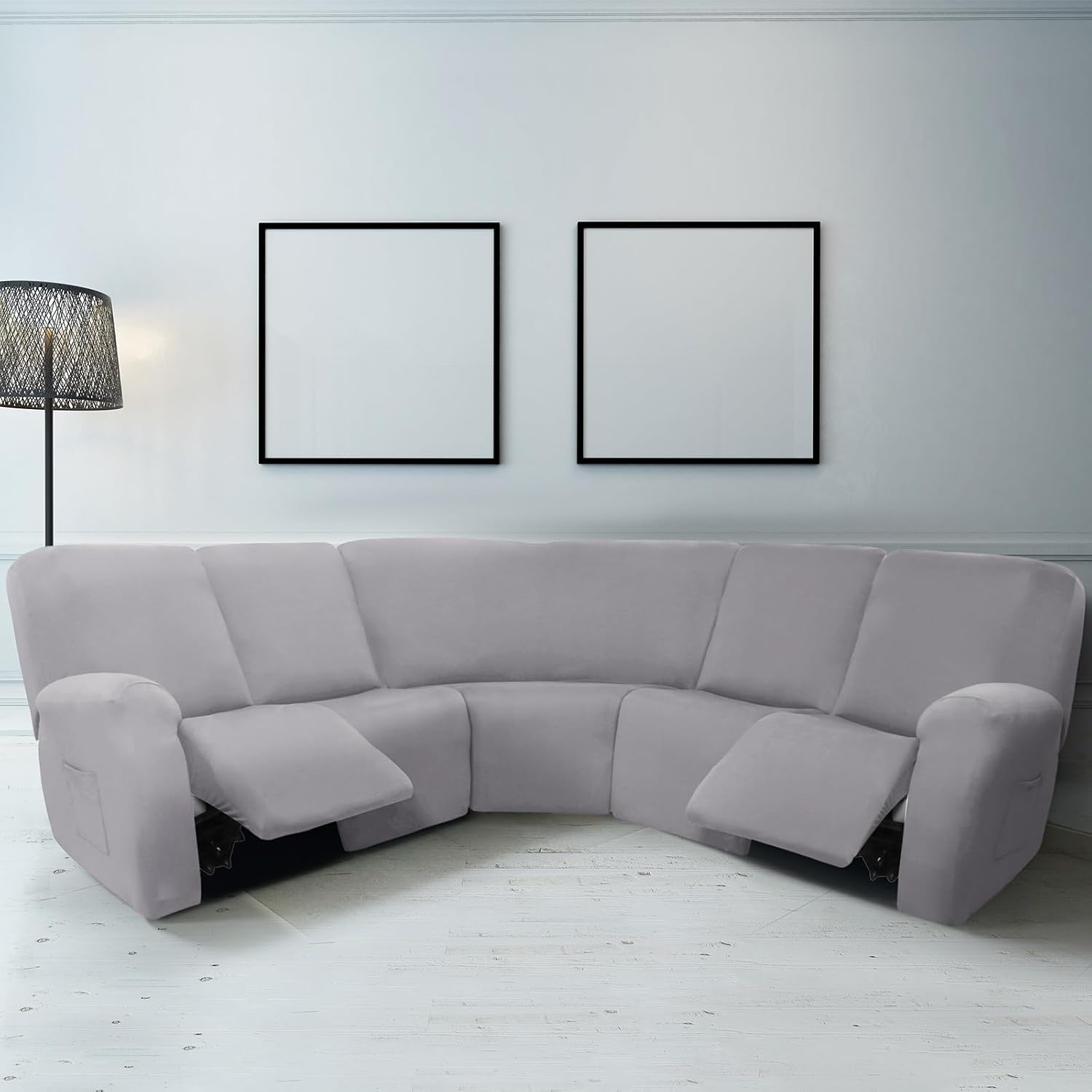 Peryiter 7 Pcs L Shape Sectional Recliner Sofa Covers 5 Seat Sectional Couch Covers Milk Silk Velvet Stretch Reclining Sofa Slipcover Furniture Protector for Living Room(Light Gray,Milk Silk)