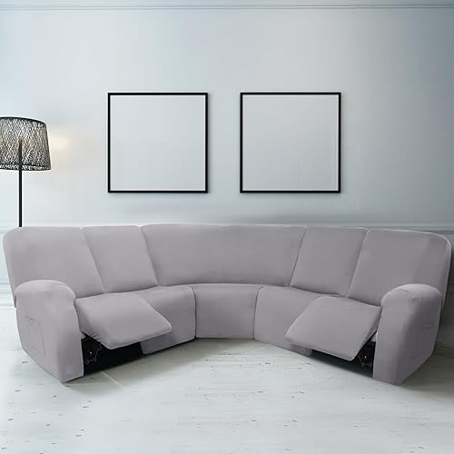 Miniatura 6 de 7 fundas para sofá reclinable seccional en forma de L, fundas para sofá modular de 5 asientos, terciopelo de seda lechera, funda elástica para sofá