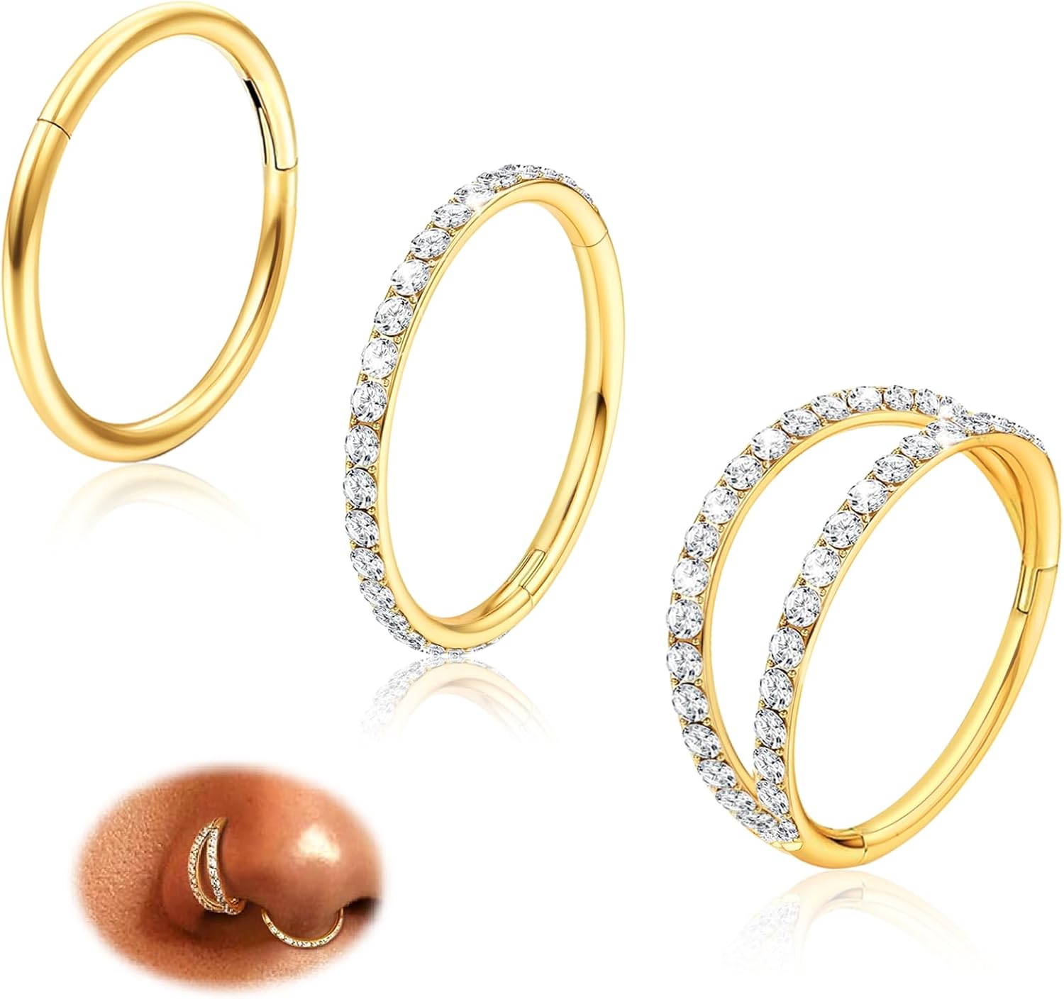 3PCS Nose Rings Hoops for Women - 14K Gold Plated 316L Surgical Steel Double Hoop Nose Rings Hypoallergenic 18G Hinged CZ Piercing Jewelry Septum Clicker Cartilage Earring Helix Rook Tragus Daith 8mm
