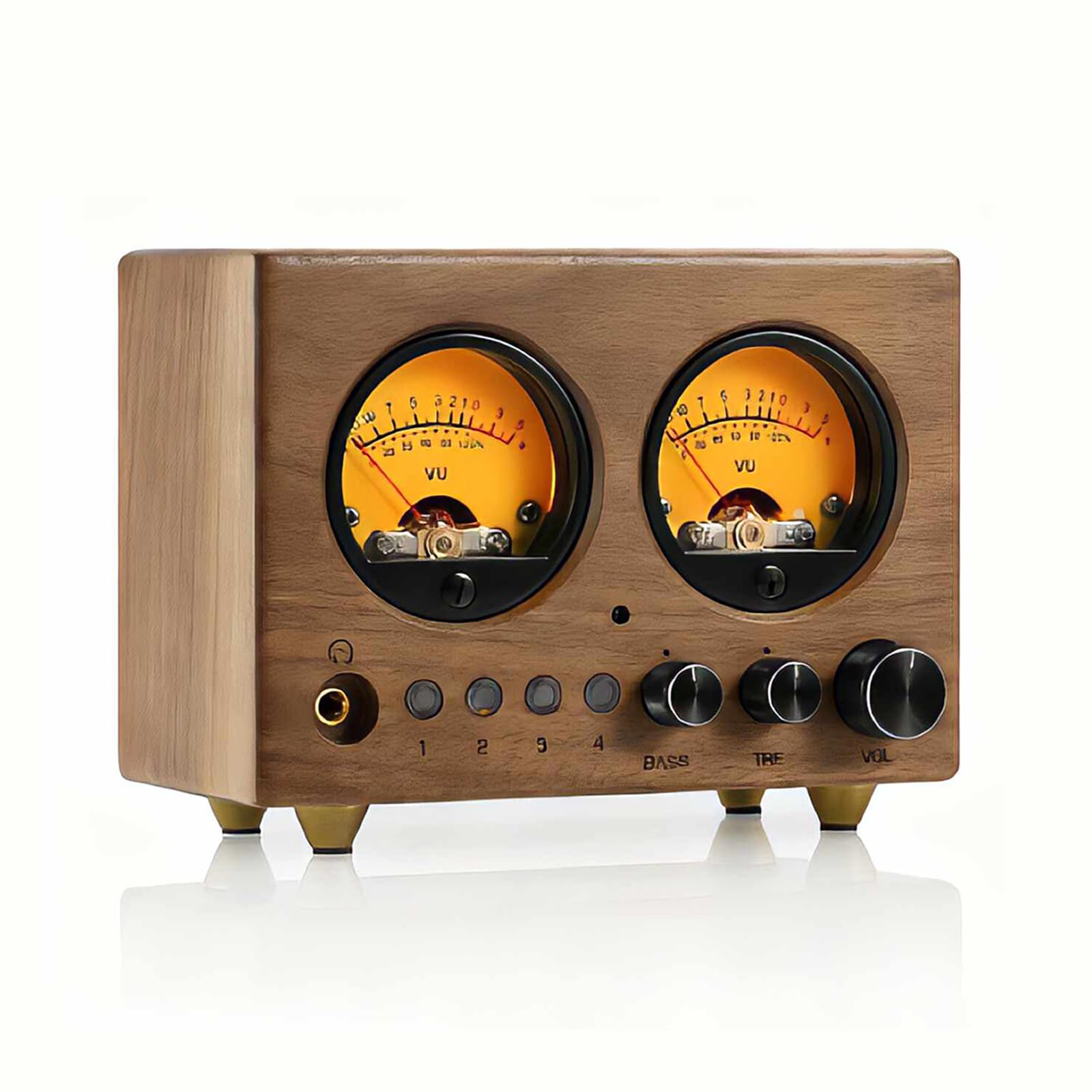 Vintage Walnut Vu Meter przedwzmacniacz, 4-wejściowy/1-wyjściowy przełącznik audio, z pilotem zdalnego sterowania, wysoki średni bas, wyjście słuchawkowe RCA 3,5 mm, do wzmacniacza PC głośnik B
