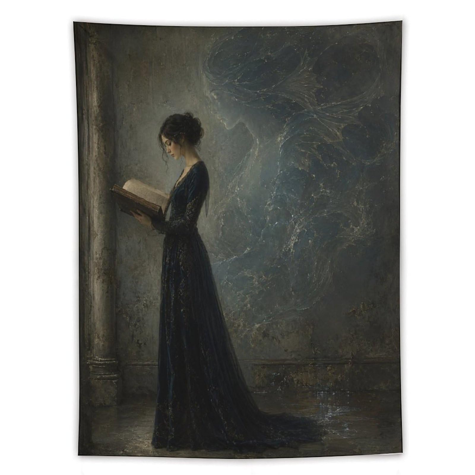W7C8U2X3 Woman Reading Monster Shadow Wall Tapestry, Dark Literary Mood