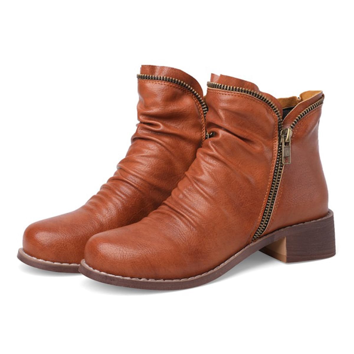 Damskie botki na grubym obcasie, wygodne, okrągłe noski, botki na zamek błyskawiczny z boku, zimowe botki, skórzane buty w stylu vintage, eleganckie buty