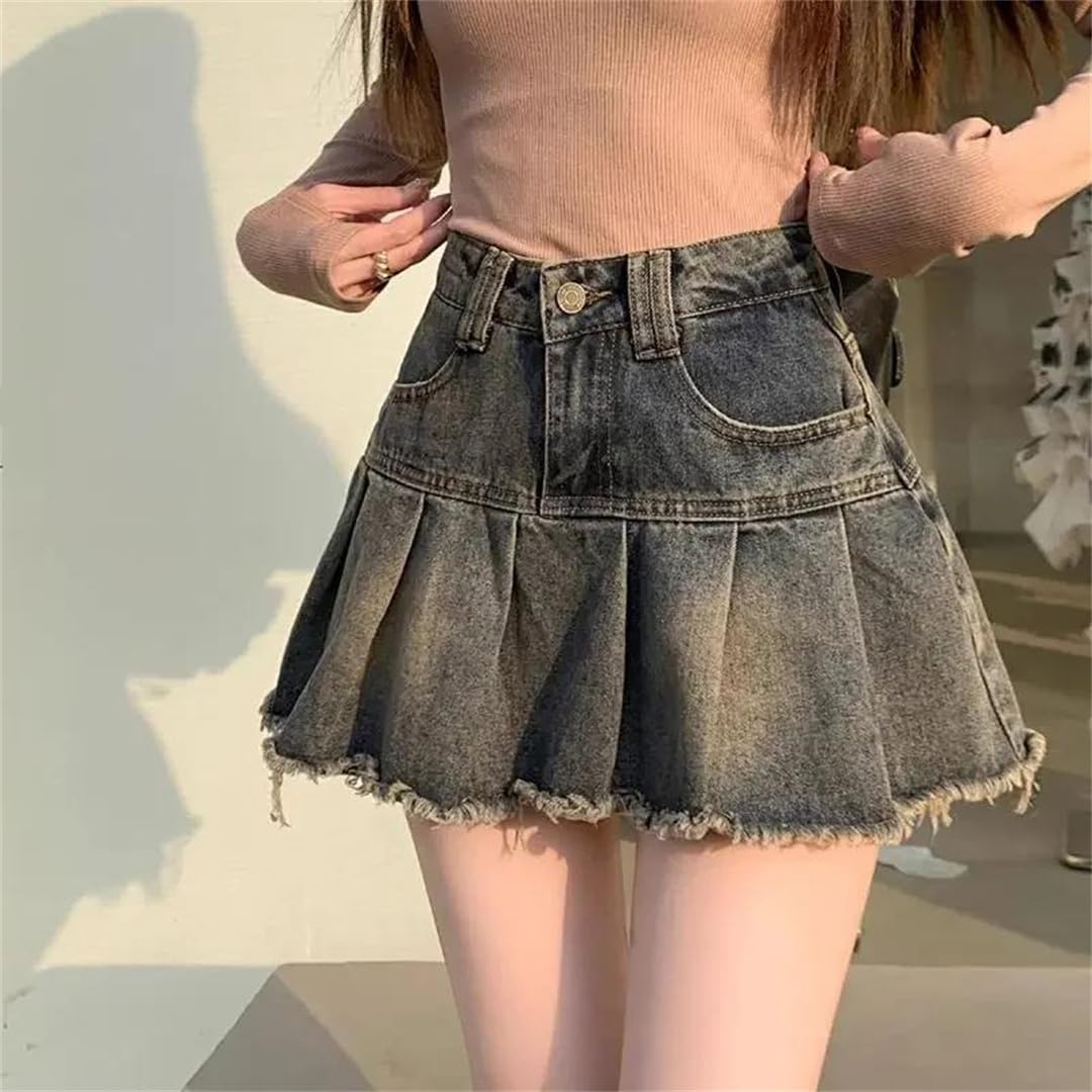 Gonna da donna in denim vintage, plissettata, retrò, casual, linea ad A, streetwear