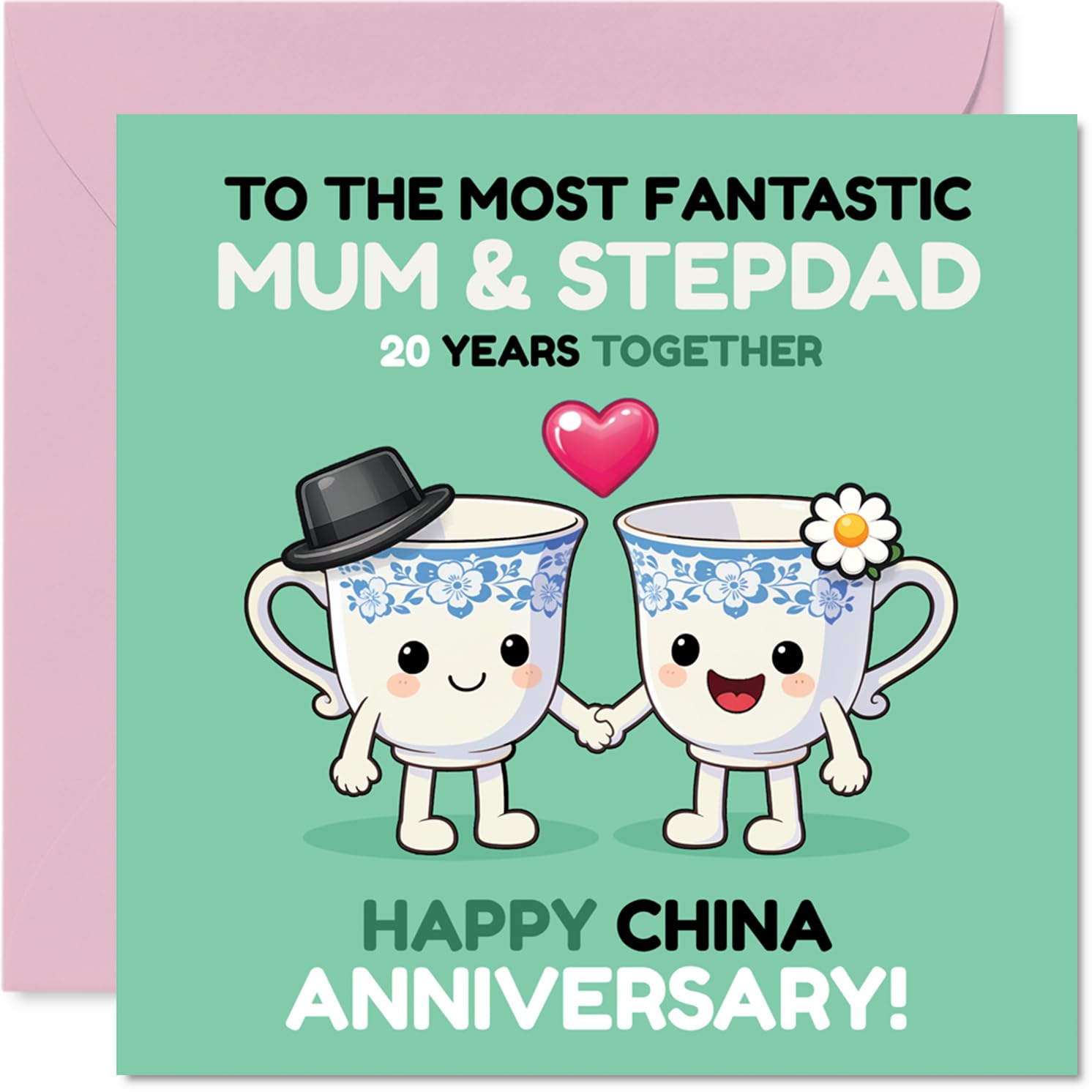 Playful 20th Anniversary Card for Stepdad & Mum - Celebrating 20 Years of Togetherness - Adorable Hand-holding Cups Design for Your Stepdad & Mum - 145mm Square, Envelope Included