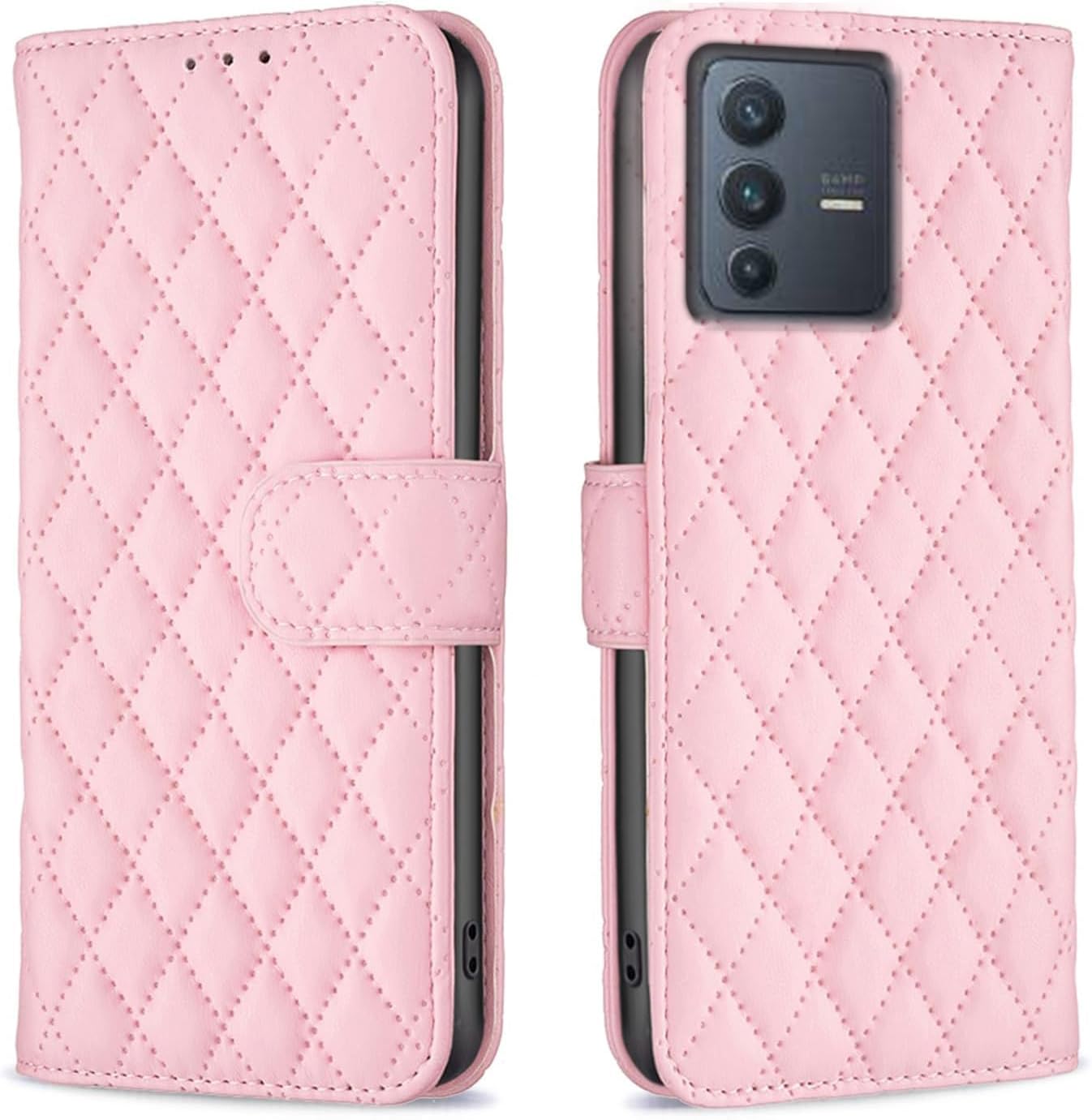 ClickCase for Vivo V23 Pro 5G Soft Faux Leather Puffer Case Magnetic Card Holder Wallet Video Stand Flip Cover (English Pink)-image-0
