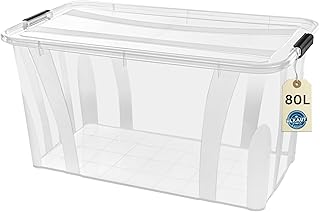 Aufbewahrungsbox 80 L mit Deckel – transparente Kunststoffbox, stapelbar, verstärkter Boden, robuste Verschlussclips – ideal für Küche & Haushalt & HLKauf-Block