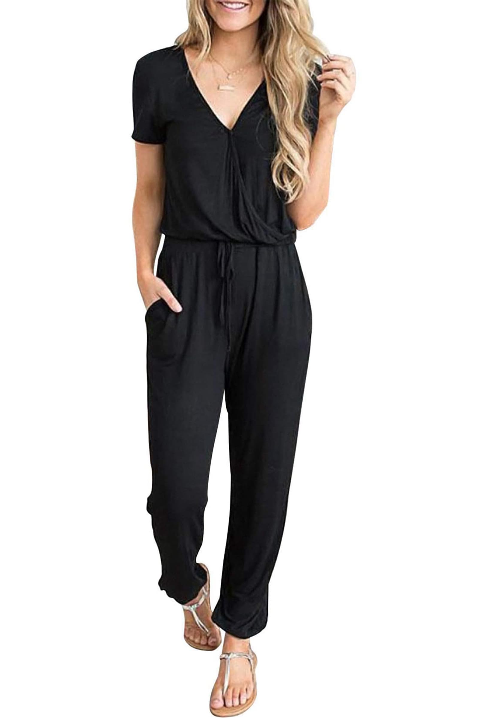 Sommer Jumpsuit Damen Elegant Playsuit Casual Overall Kurzärmel Romper Verstellbarer Bund einfarbiger mit Taschen