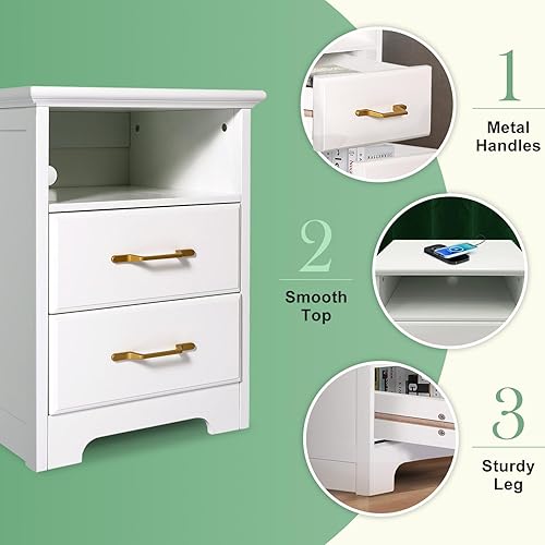 Miniatura 6 de Mesita de noche LED blanca con estación de carga y luces LED, mesita de noche con 2 cajones, mesitas de noche de madera con puerto USB para oficina