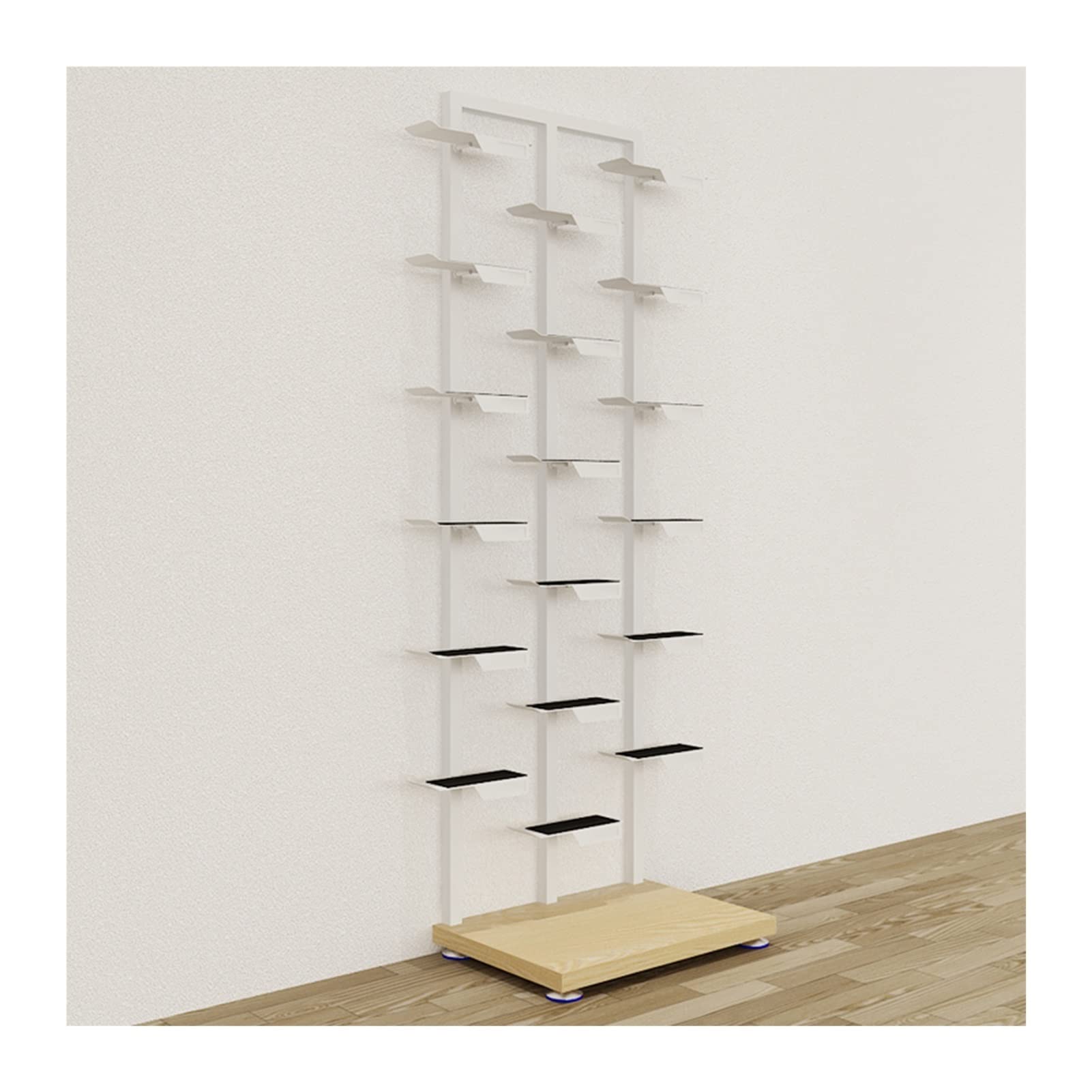 DETMOL Shoe rack in white and wood look for modern sneakers and basketball shoes, suitable for clothing stores, retail boutiques and other shops, with freestanding suspension.