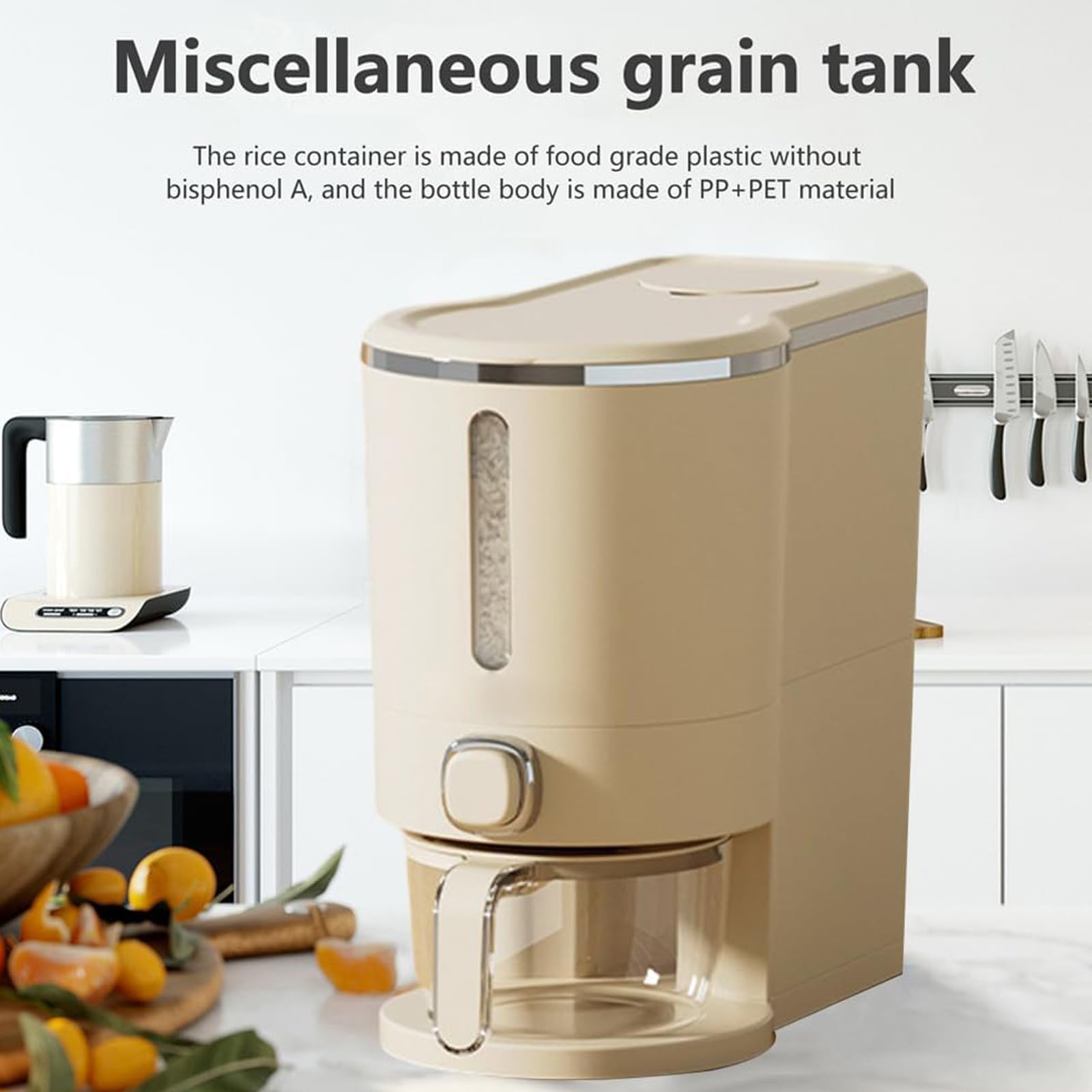 Dispensador de Arroz 10kg, Contenedor Hermético para Alimentos con Taza Medidora, Sin BPA, Recipiente Antihumedad para Arroz, Cereales, Judías, Avena y Organización de Cocina