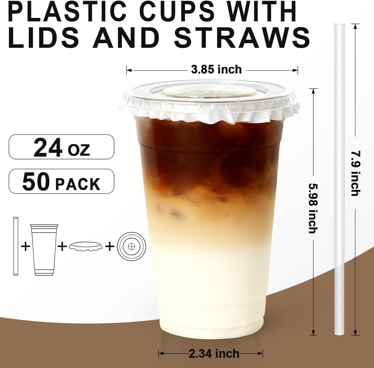 Lamosi 50 Pack 24 oz Clear Plastic Cups with Lids and Straws, Disposable Plastic Coffee Cups with Lids for Iced Coffee, Cold Beverages, Smoothies and To-Go Drinks - Image 2