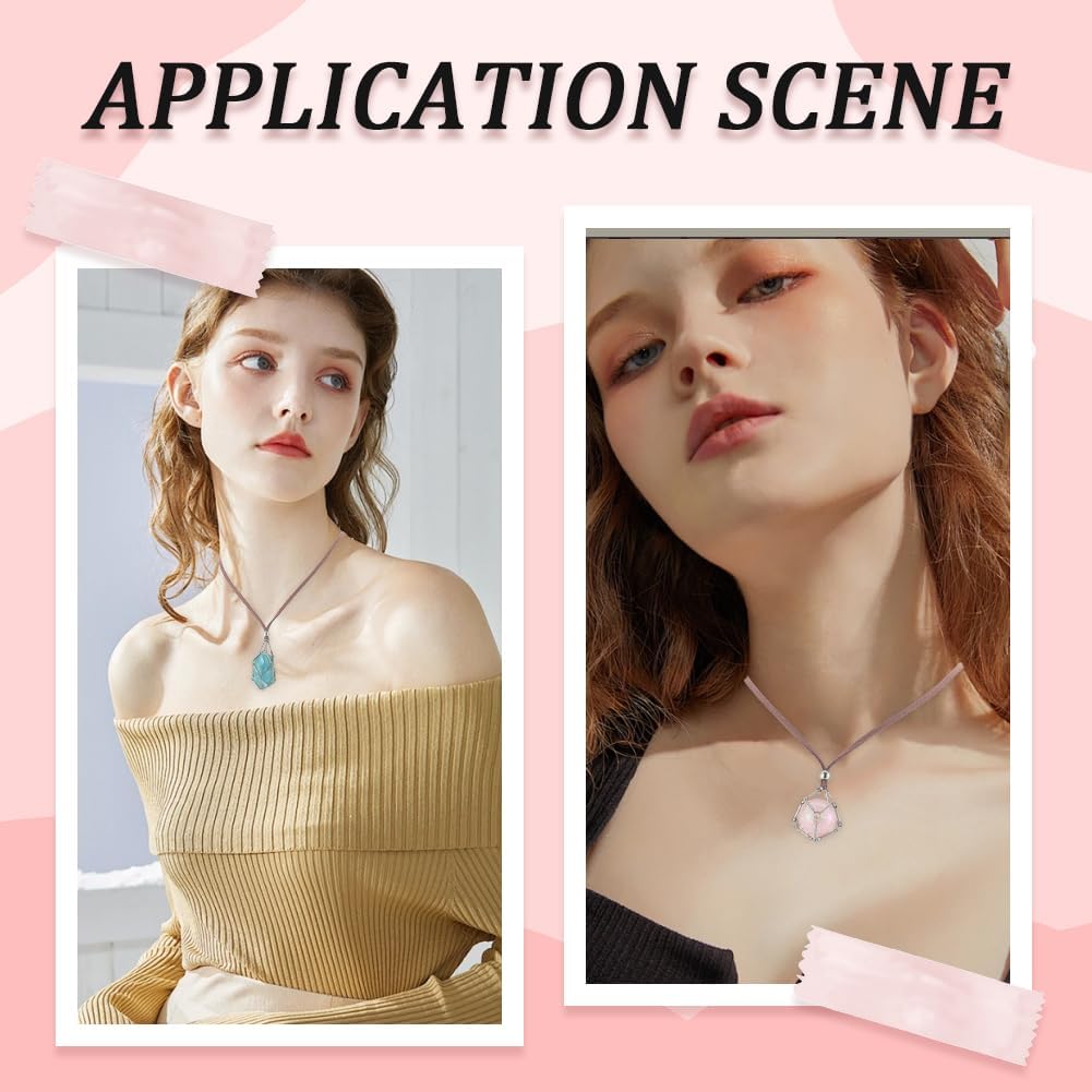 SUNNYCLUE 1 Box 6pcs Empty Necklace Holder Gemstone Holder Necklace Silver Brass Metal Faux Suede Adjustable Stones Crystals Cords Boho Mesh Cage Charms for Jewelry Making Women Birthday Supplies - Image 6