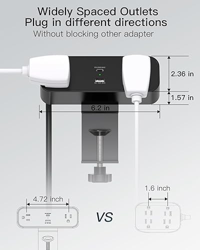 Miniatura 6 de Regleta de alimentación con abrazadera de escritorio, cable de extensión de enchufe plano de 10 pies con USB C, 2 tomas, protector de sobretensiones