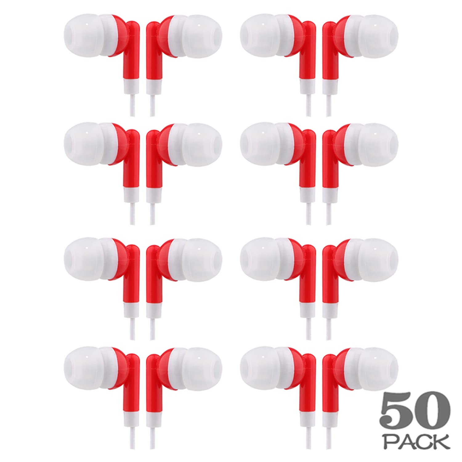 CN-Outlet Wholesale Earbuds Bulk Headphones Individually Bagged 50 Pack for iPhone, Android, MP3 Player for Schools, Libraries, Hospitals (Red)