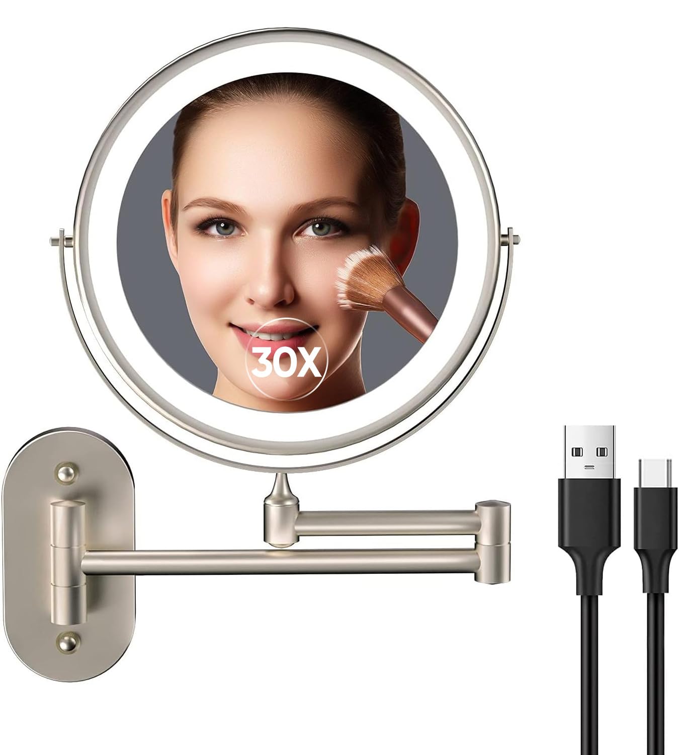 Rechargeable Wall Mounted Lighted Makeup Vanity Mirror 8 Inch Double Sided 1X 10X Magnifying Bathroom Mirror, 3 Color Lighting, Touch Screen Dimming, Extended Arm 360 Rotation Shaving Light up Mirror-image-49