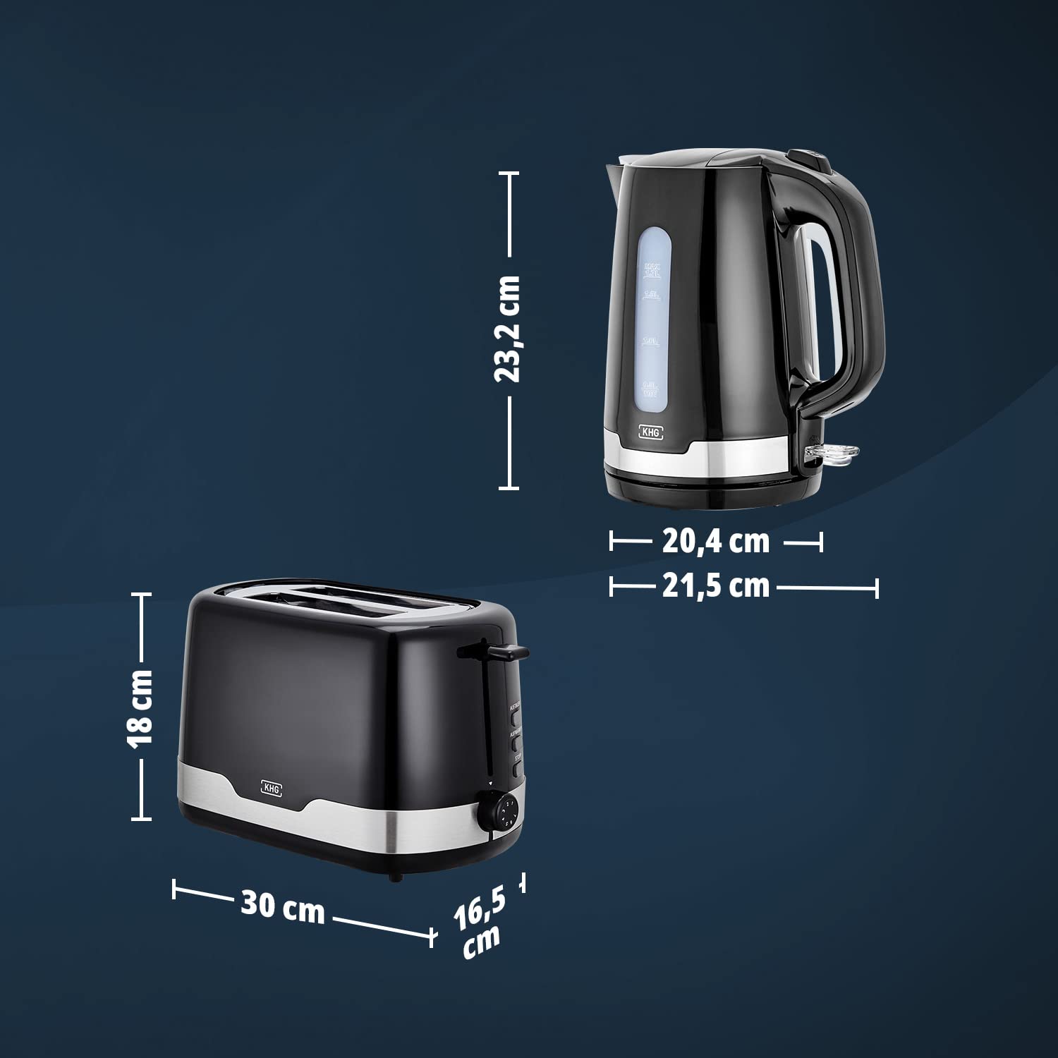 KHG Wasserkocher und Toaster Set 2-teilig 2200 850 Watt 1,7 Liter 2 Scheiben Klassisch Schwarz