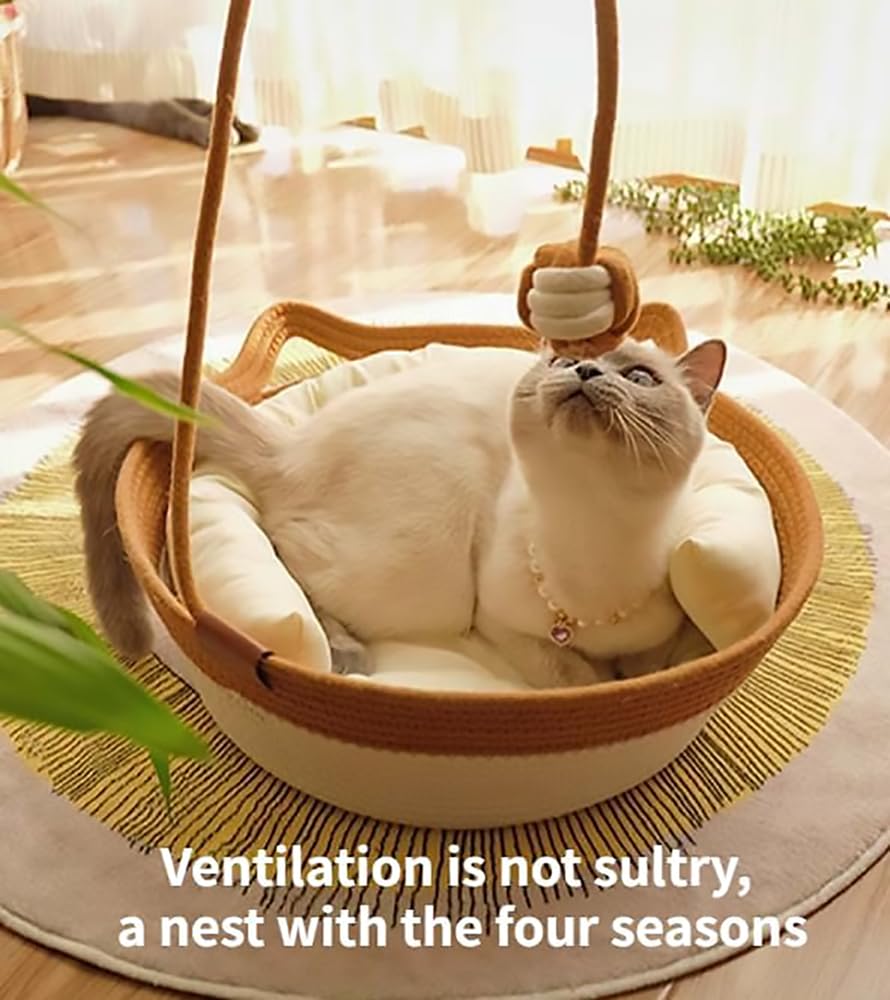 سرير قطط منسوج يدويا من بابوريتش، وسادة خدش للقطط من القطن والكتان الطبيعي بتصميم منزل صغير جيد التهوية وعديم الرائحة مع كرة حبل للعب، للحيوانات الاليفة (طقم ازرق، M)