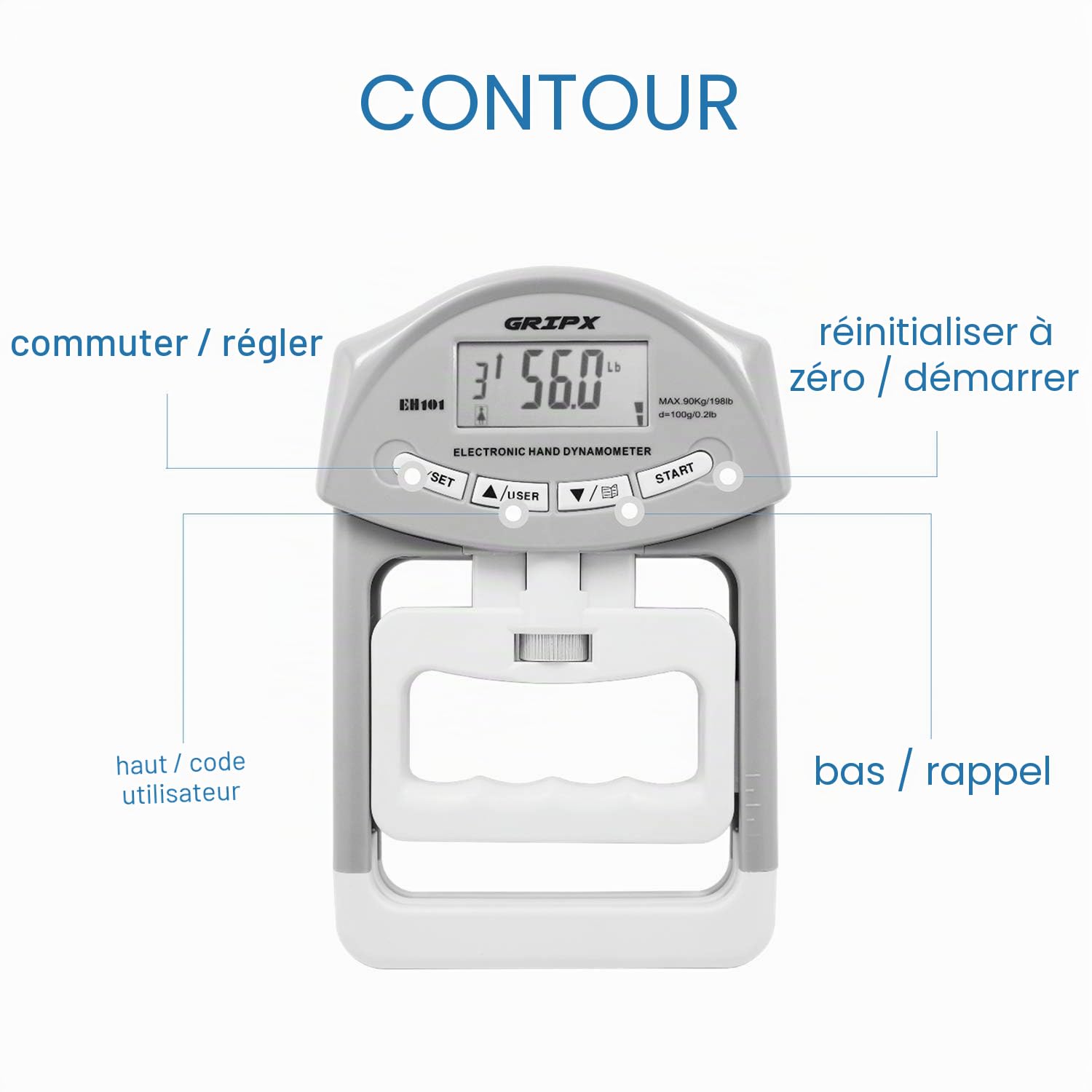 Dynamomètre à Main numérique Compteur de Mesure de la Force de la poignée à Capture Automatique de la Puissance de la poignée électronique 198Lbs / 90Kgs
