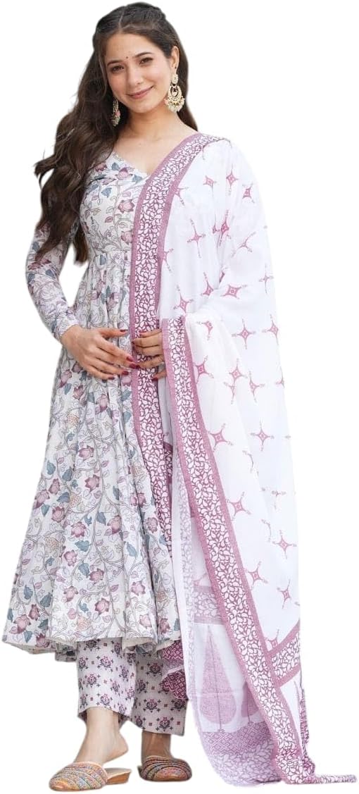 Women Floral Print Anarkali Kurta with Pant and Dupatta Set Anarkali Kurti for Women