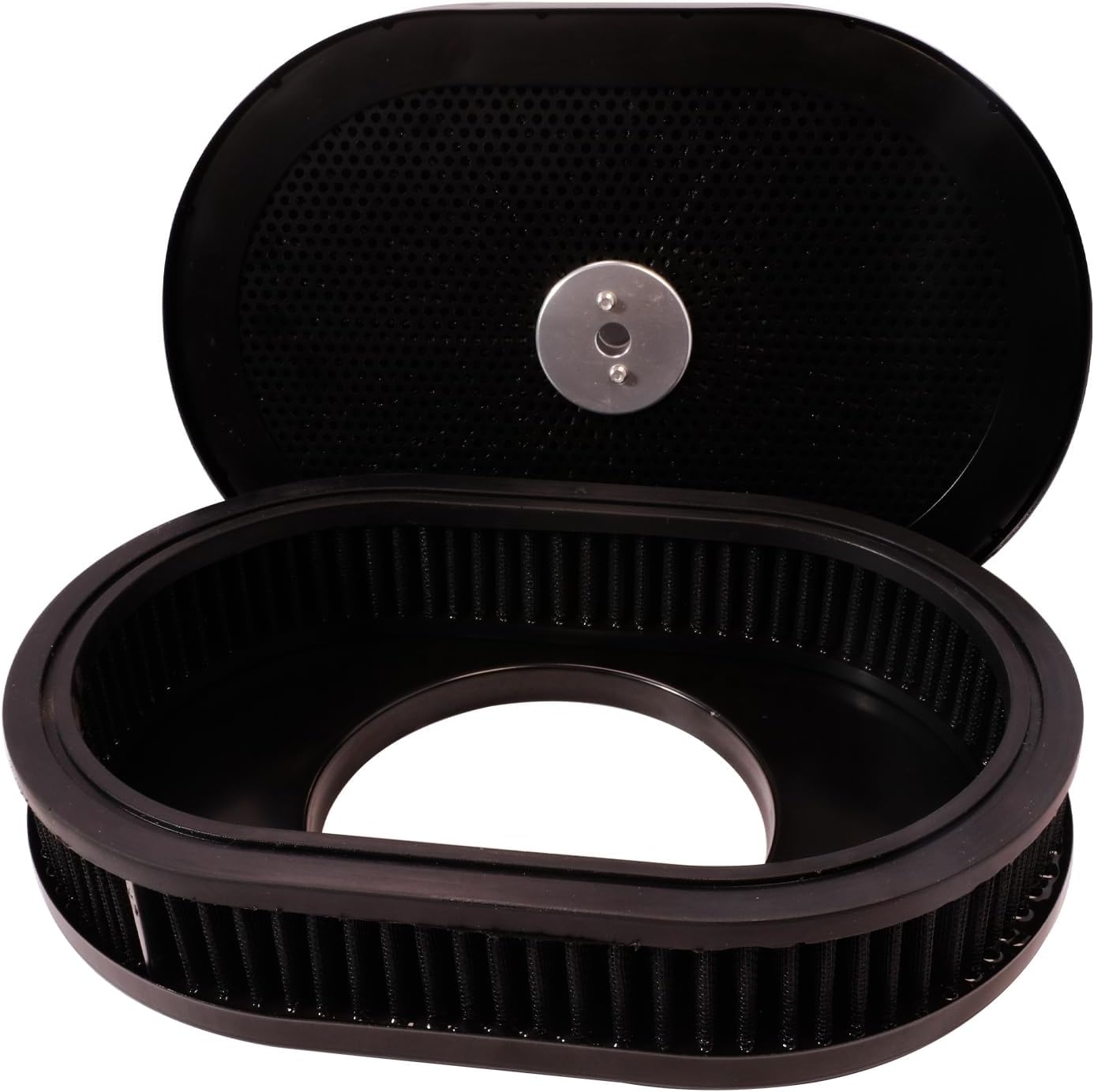 12"x2" Oval Air Cleaner Filter Assembly 5-1/8" Carb Neck w/Flow-Thru Lid High Flow Chrome Compatible For GMC Chevy Ford Chryler Dodge Fit for 5-1/8" carb neck (BLACK)