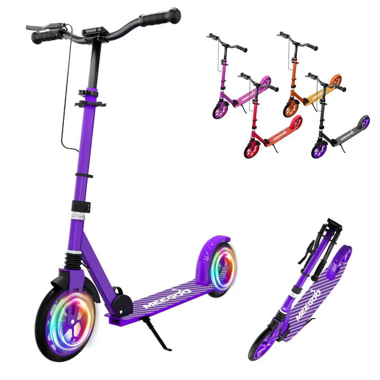 MEE GOO Patinete plegable para niños y adolescentes con absorción de golpes, altura ajustable del manillar, luz LED, frenos dobles (mano + trasera), ruedas de 8 pulgadas, cubierta antideslizante
