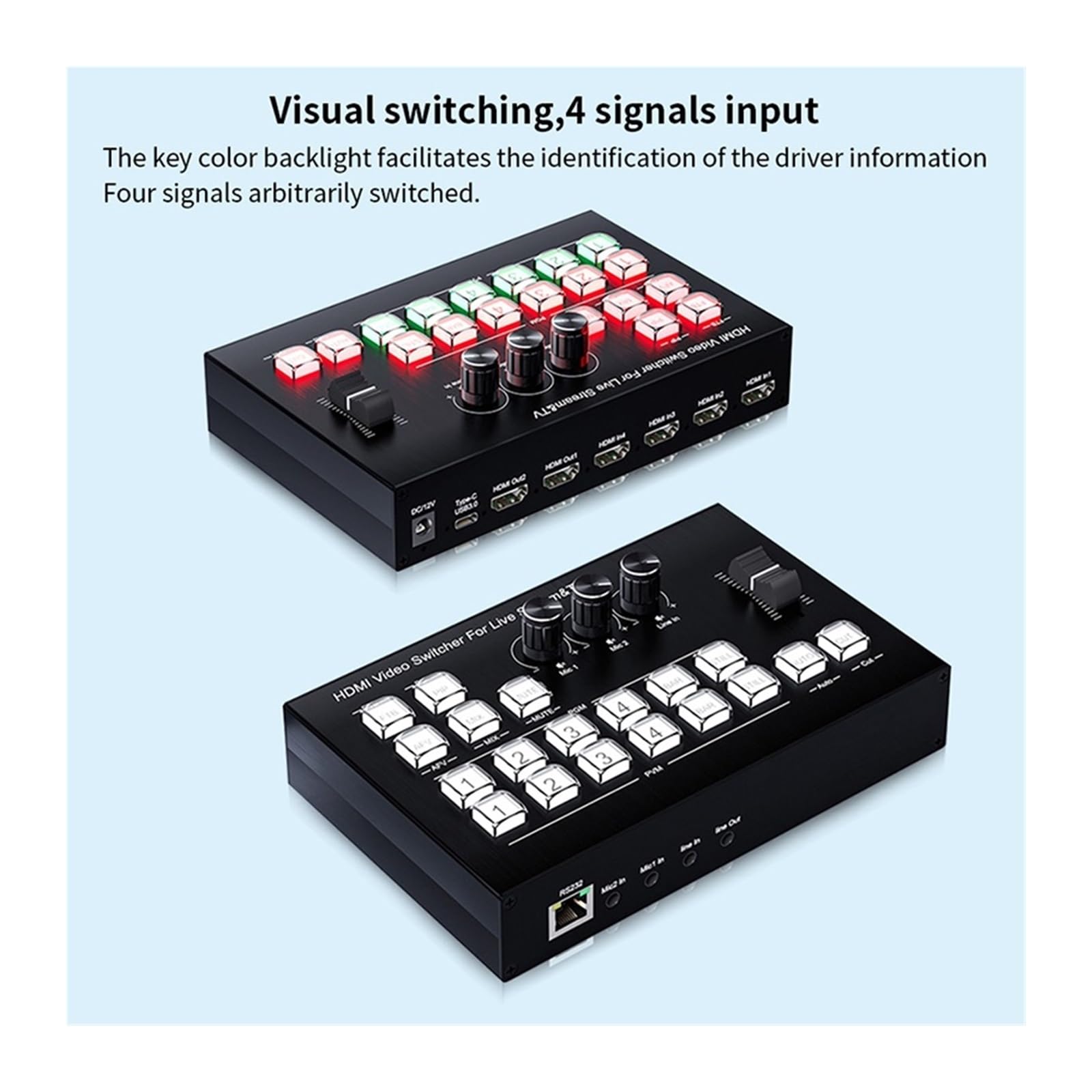 - Switcher video 4K 4 canali Multi telecamera Streaming Produzione live Mixer video Switcher Stazione di trasmissione Tipo C Registrazione per lo streaming di giochi e la registrazione multi-sorgente