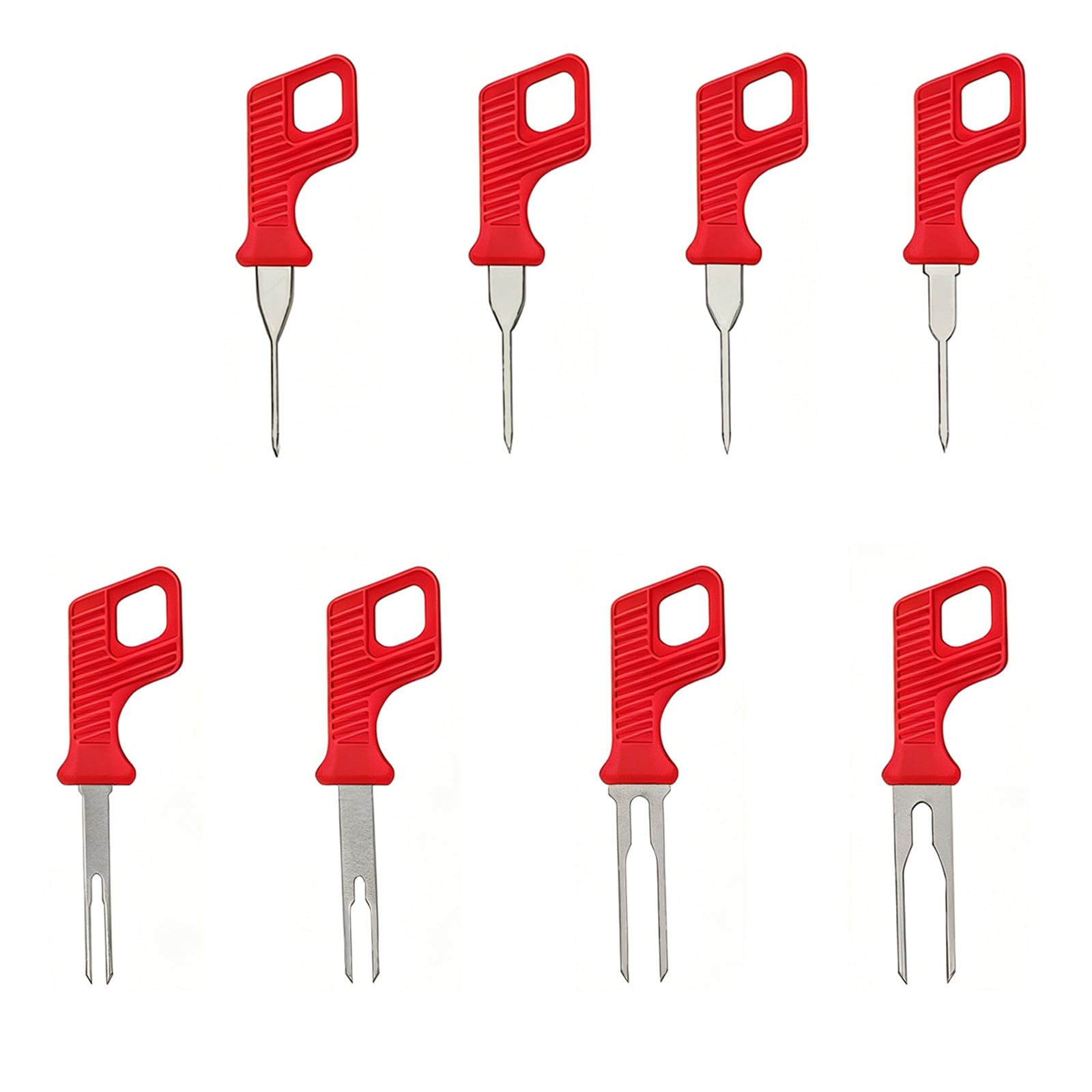 Kfwfuaee 8 Piece Set Terminal Extractor Tool Set For Automotive Wiring Repair With Mixed Pin Removal Tips And Red Grip Handle Design Depinning Pin Release Extractor Sleeve Fork Pick Connector Harness Repin Wiring