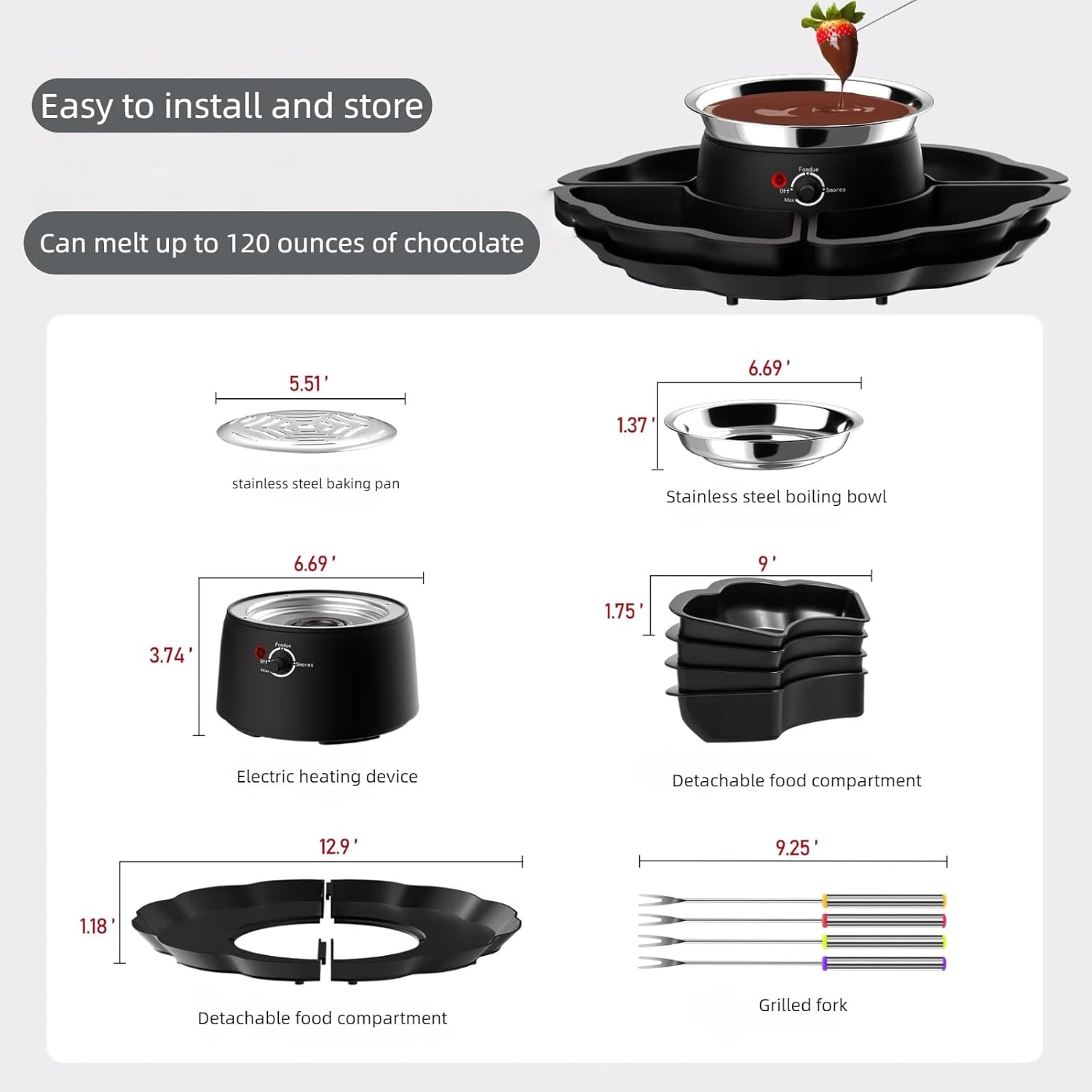 2 in 1 Chocolate Fondue & Smores Maker, Tabletop Indoor Smores Kit with Temp Control, Marshmallow Roaster Fondue Set Includes 4 Detachable Trays, 4 Roasting Forks & 1 Heated Bowl