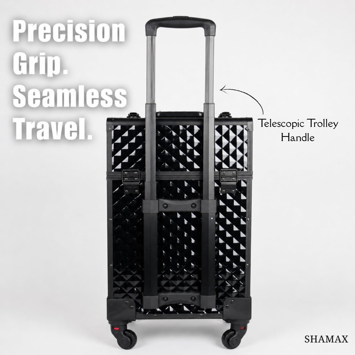 SHAMAX Professional Rolling Makeup Train Case, Cosmetic Organizer Trolley, Makeup Artist Vanity Trolley for Hairdressers, Salon, Nail Artist & Beauty MUA, 360° Silent Universal Self Lock Wheels 4