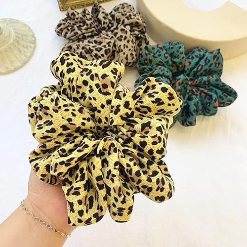 Rugelyss Large Scrunchies For Hair Leopard-Print Hair Ties Elastics Bands Ponytail Holder Pack Of Hair Accessories For Women Girls 3 Pieces（Yellow Green Khaki ） #TOP4