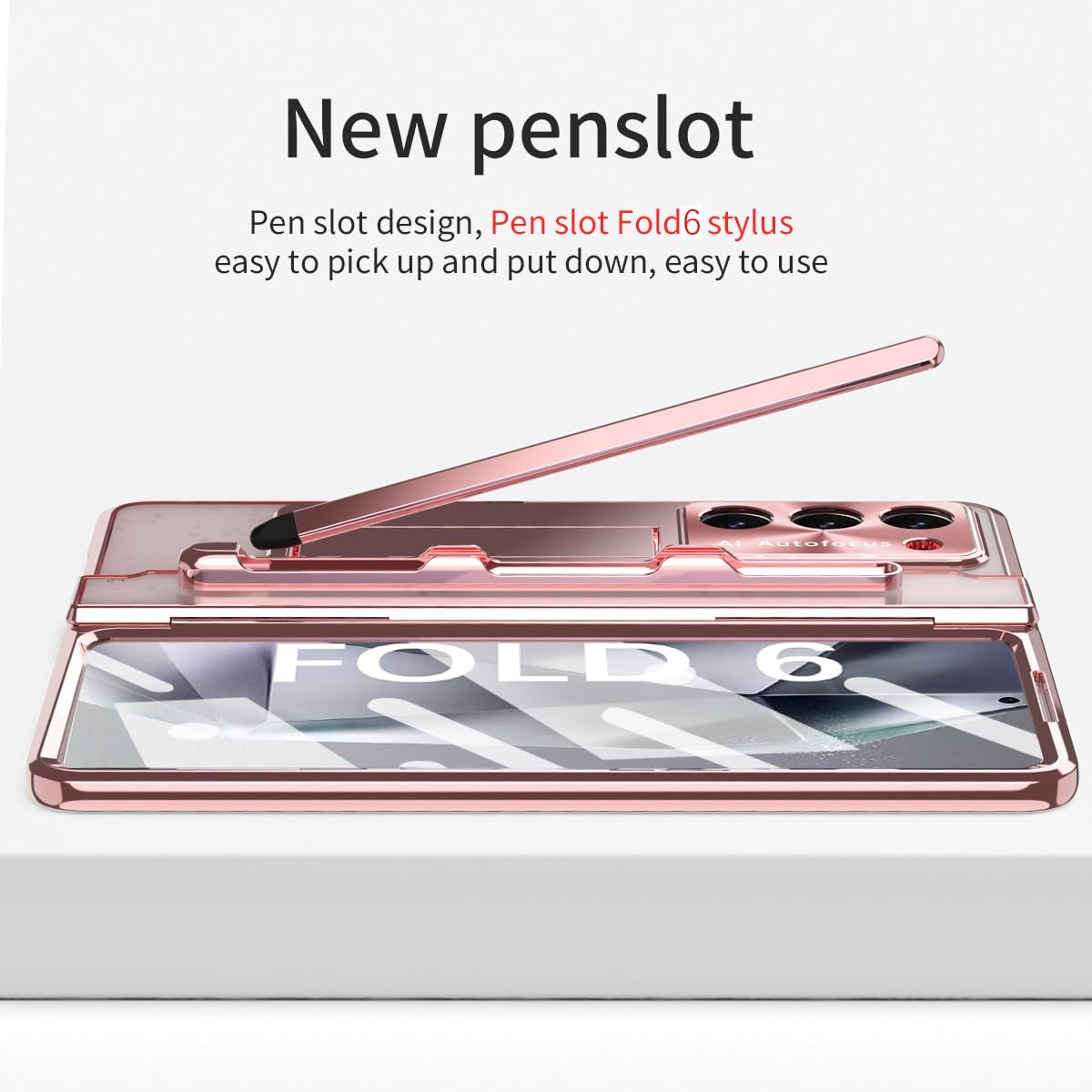 Clear Case for Samsung Galaxy Z Fold 6 5G,Luxury Electroplated Transparent Phone Case W Screen Protector&Kickstand&Pen Holder&Wireless Charging,Full Cover Hinge Protection Shockproof Case (Pink)