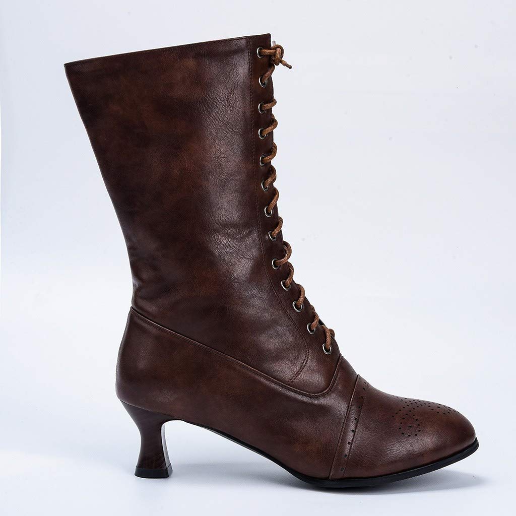 Ladies Lace Up Boots Calf Length Victorian Boots Women Leather Louis Heel Womens Vintage Boots Steampunk Gothic