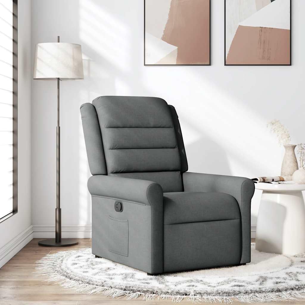 Fotel relaksacyjny, ciemnoszary, materiał regulowany, z podnóżkiem i oparciem, ergonomiczny, do salonu, sypialni, biura, z drewnianą metalową ramą, wygodny fotel do czytania i relaksu