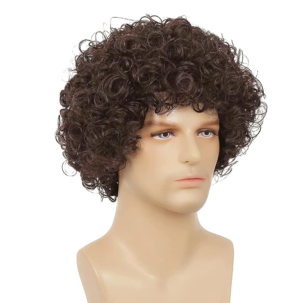 Short Brown Curly Afro Wig for Men Fluffy Rocker Synthetic Wigs for Cosplay Costume Wigs(Dark Brown) - Image 5