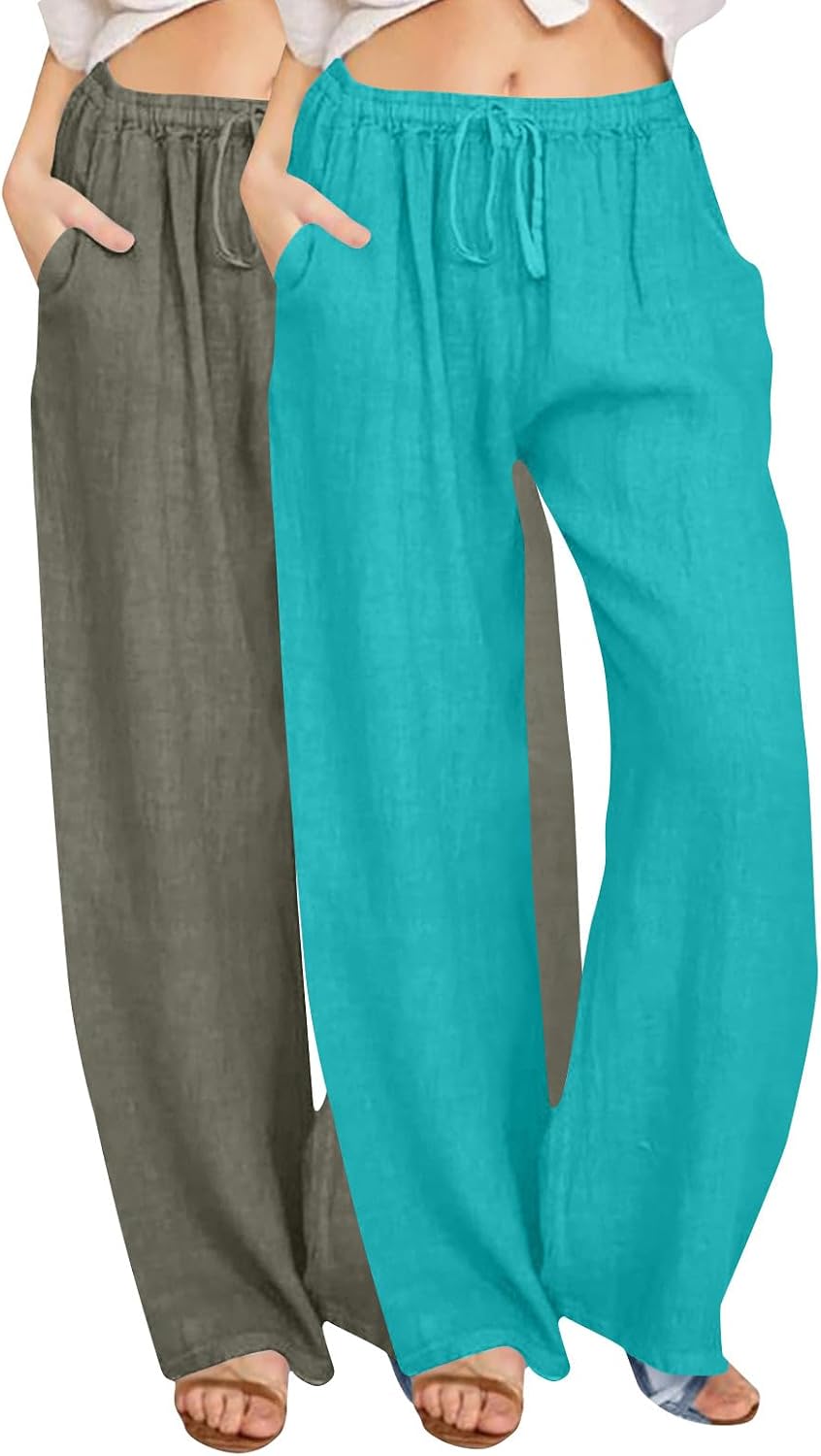 FZYLQY 2 Pack Women Cotton Linen Palazzo Pants Drawstring Wide Leg Trousers High Waist Comfy Pants Beach Vacation Clothes