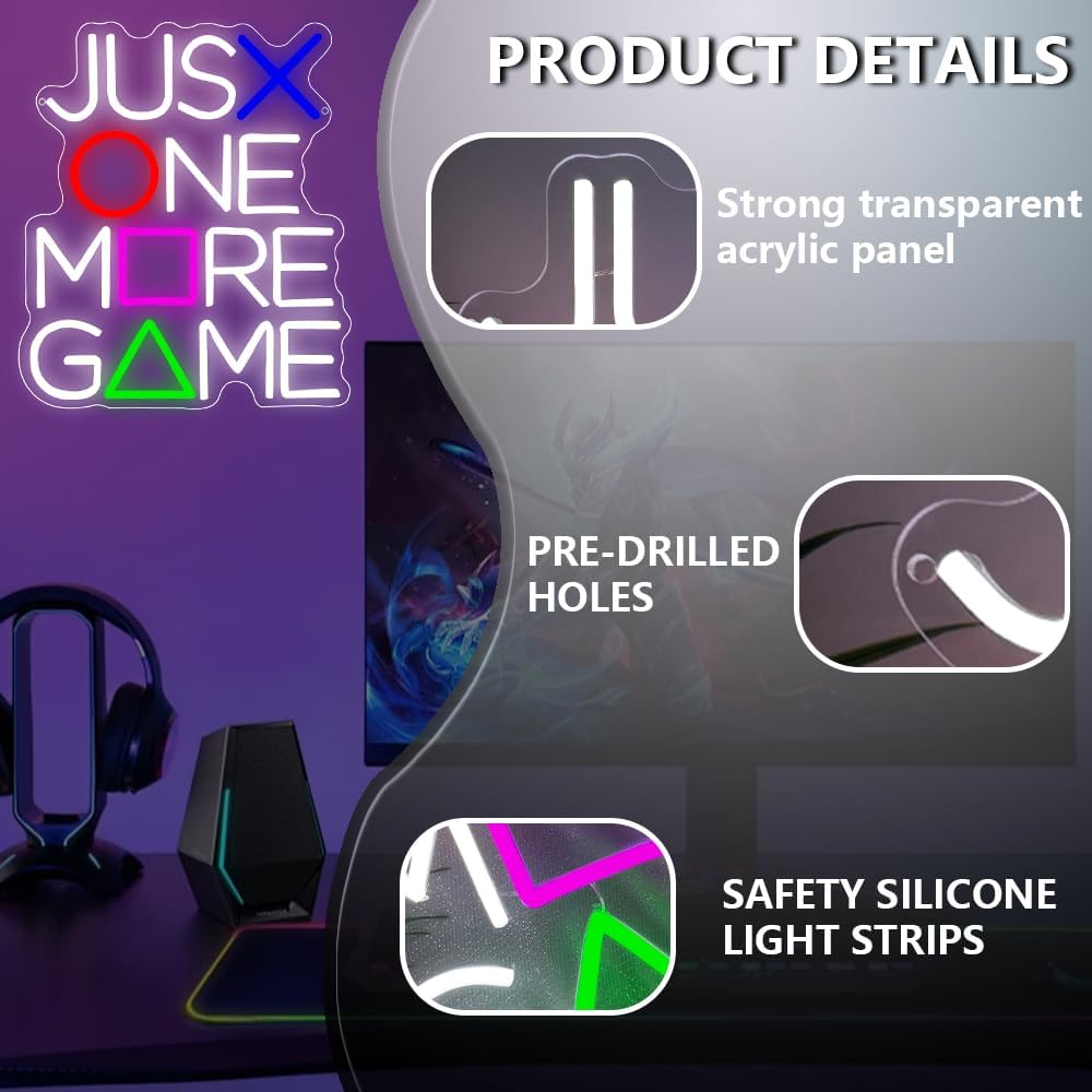 Gamer Neon Sign for Wall Decor,Gaming LED Light Sign,Just One More Game Backdrop for Boys Bedroom Video Game Room Club Party Man Cave,Best Gift for Teens Boys Men USB Powered(14.2"*12.3") - Image 2