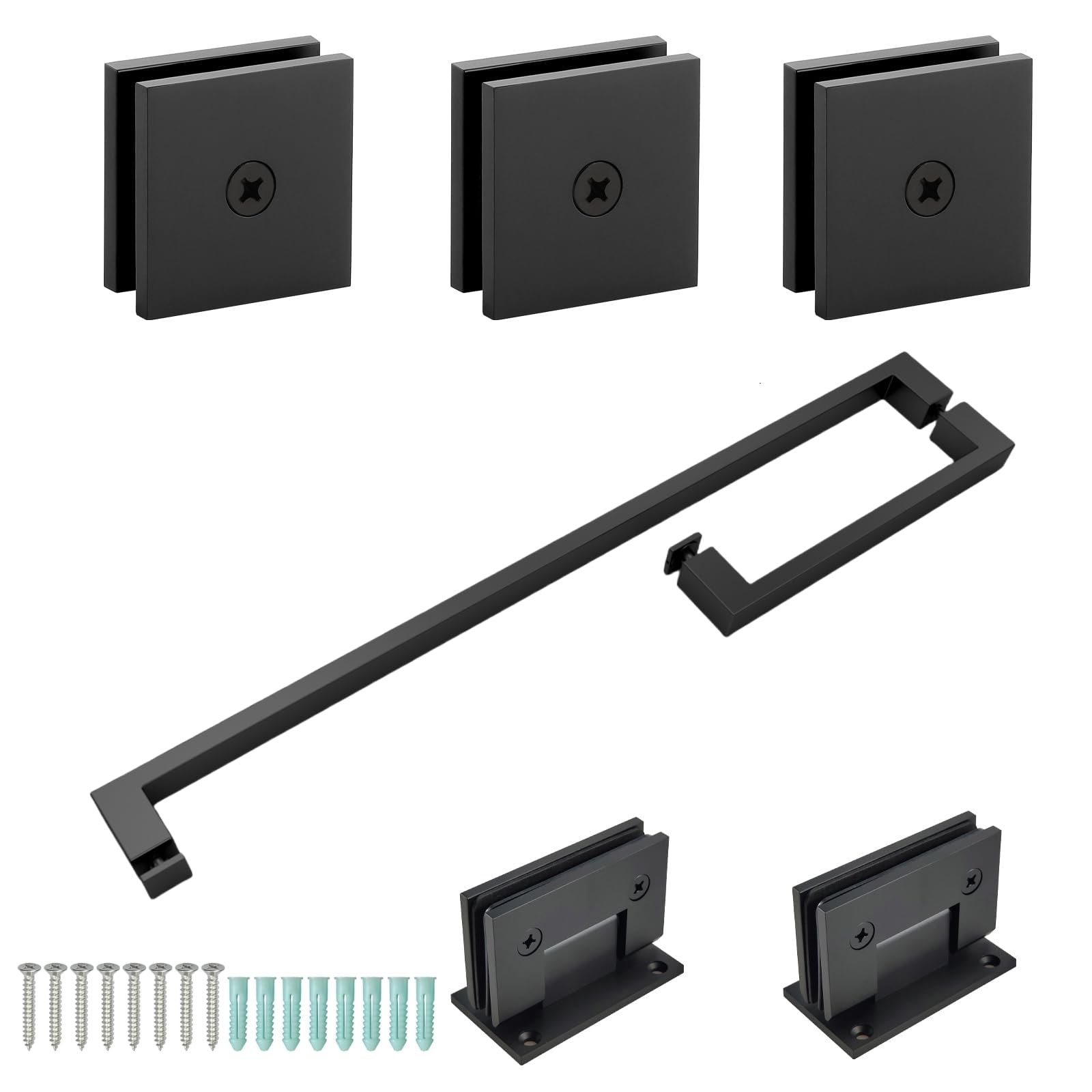 shower door hardware kit frameless swing hinged wall in shower doors accessories parts for 5/16” 3/8” to 1/2" thick glass with hinges 8 inch and 20 inch handles glass clamp - matte black