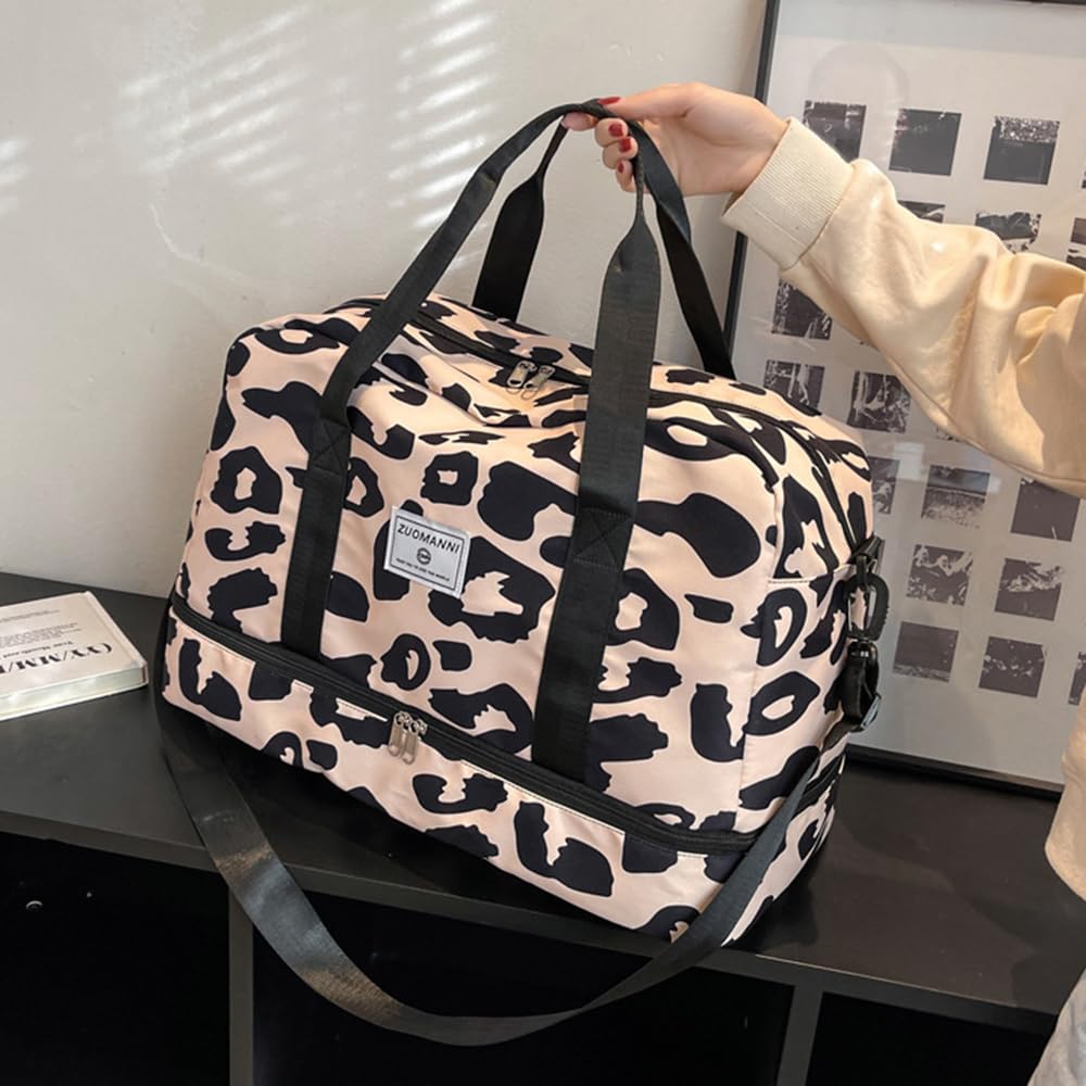 Borsa da Palestra Donna Grande, Borsa Sportiva con Scomparto Scarpe e Tasca Bagnata, Grande Capacità Borsa da Viaggio Duffel per Sport/Viaggi, 51x26x32 cm, Leopardata, Beige, A