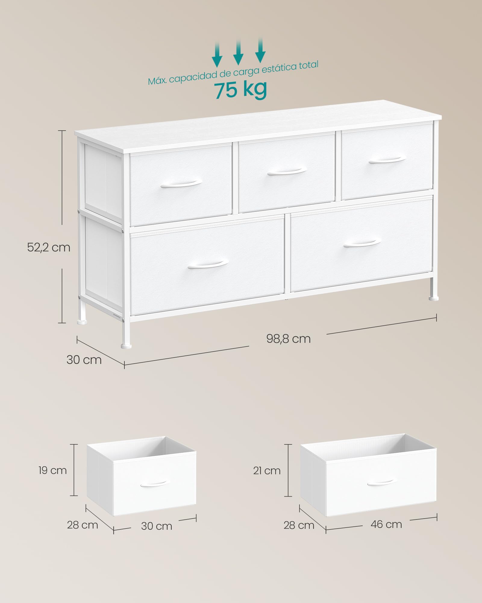 SONGMICS BELLAH Colección - Cómoda, con 5 Cajones para Dormitorio, Mueble de Almacenaje, Acero, MDF, Tela no Tejida, para Dormitorio, Armario, Recibidor y Salón, Blanco Nube y Blanco Nieve LGS322WH01