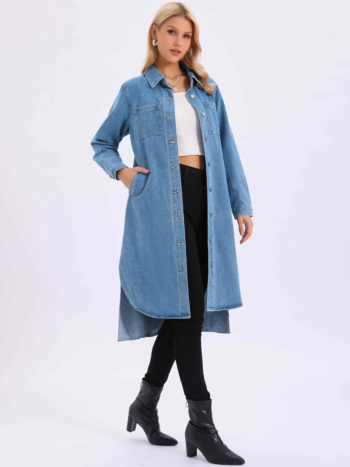 Womens Denim Dress Fall 2025 Curved Hem Button Down Midi Long Jean Jacket - Image 2