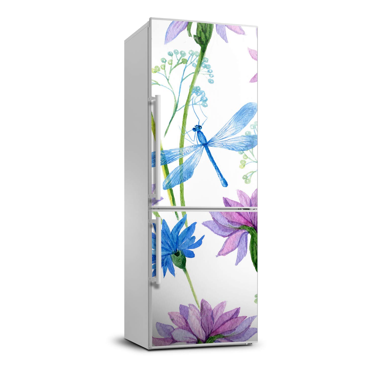 Autocollant frigo 60x180cm motif fleurs et libellules pour habiller un réfrigérateur