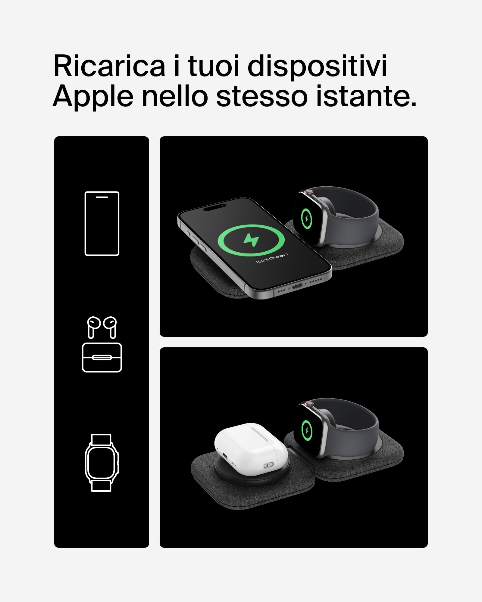 Belkin BoostCharge Pro Tappetino di Ricarica Magnetica 2 in 1 da 15W, Caricatore MagSafe, Caricabatterie Wireless pieghevole certificato Qi2 per iPhone 17, Air, Pixelsnap, Apple Watch 11 ed AirPods
