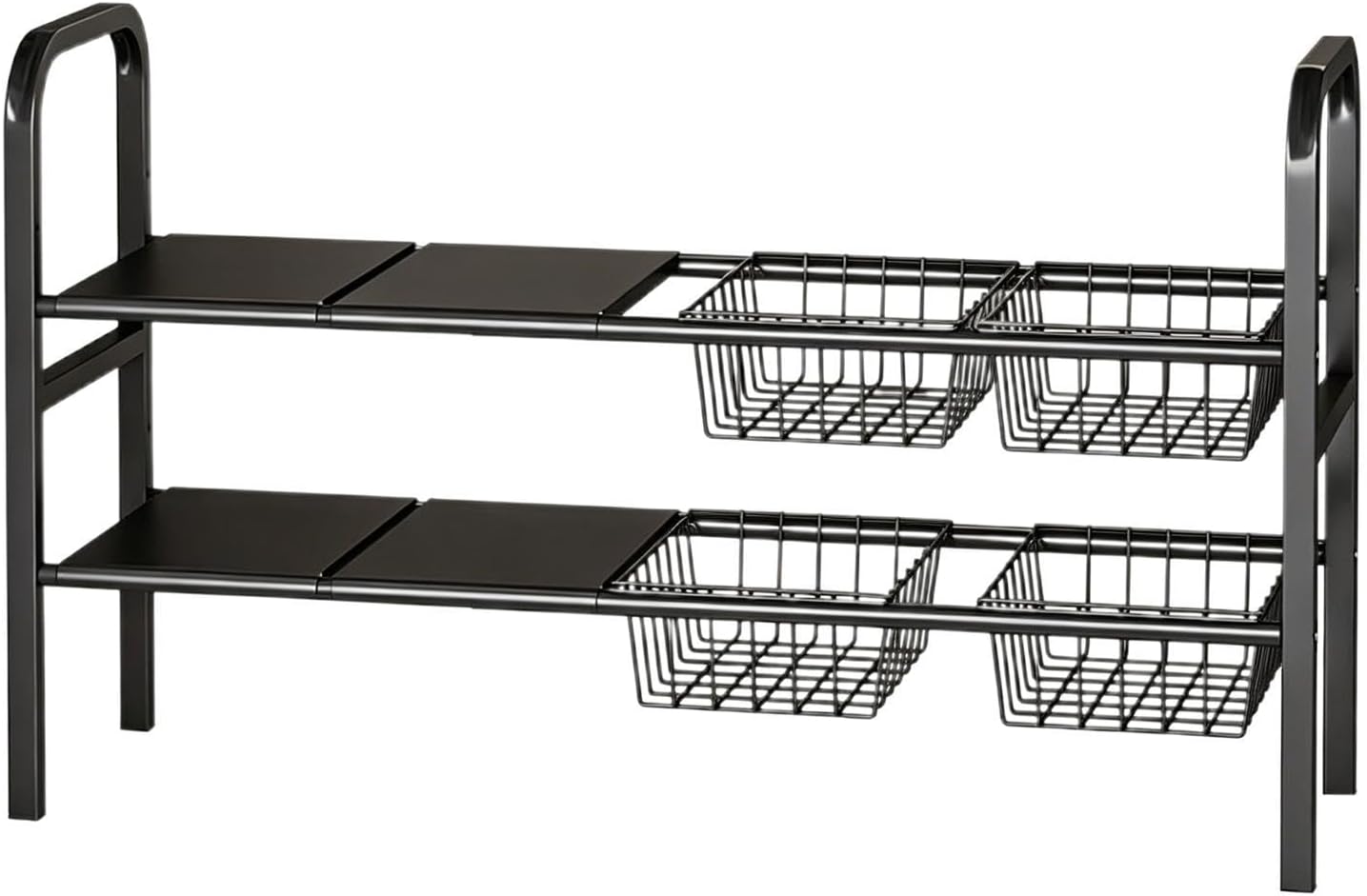 Under Sink Organizer, with 2 Tier Expandable Shelf 4 Baskets, 53-88cm, Storage Rack, Slide Out Cabinet Drawer, Adjustable Width, for Kitchen Bathroom Pantry Laundry Garage