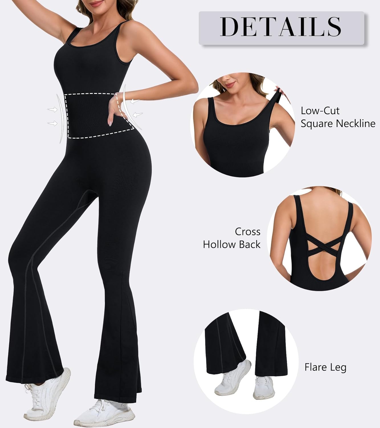 Jumpsuits for Women One Piece Workout Tummy Control Square Neck Sleeveless Flare Backless Outfits - Image 2