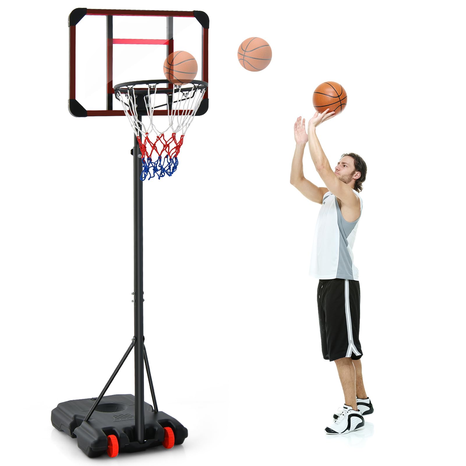 GYMAX Adjustable Basketball Hoop and Stand, 193-248cm Portable Basketball Goal System with Crash-resistant PE Backboard, 2 Wheeled Basketball Hoop Set for Outdoor Indoor