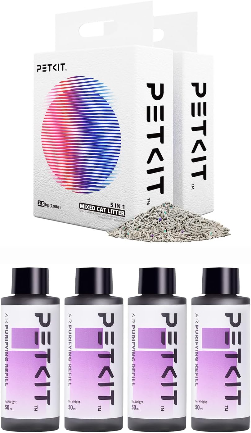 PETKIT 5in1 Mixed Cat Litter and Air Purifying Refill Bottles for PETKIT PuraX PuraMax Self-Cleaning Cat Litter Box, 2 Bags Water Dissolvable Bentonite Cat Litter Tofu Litter