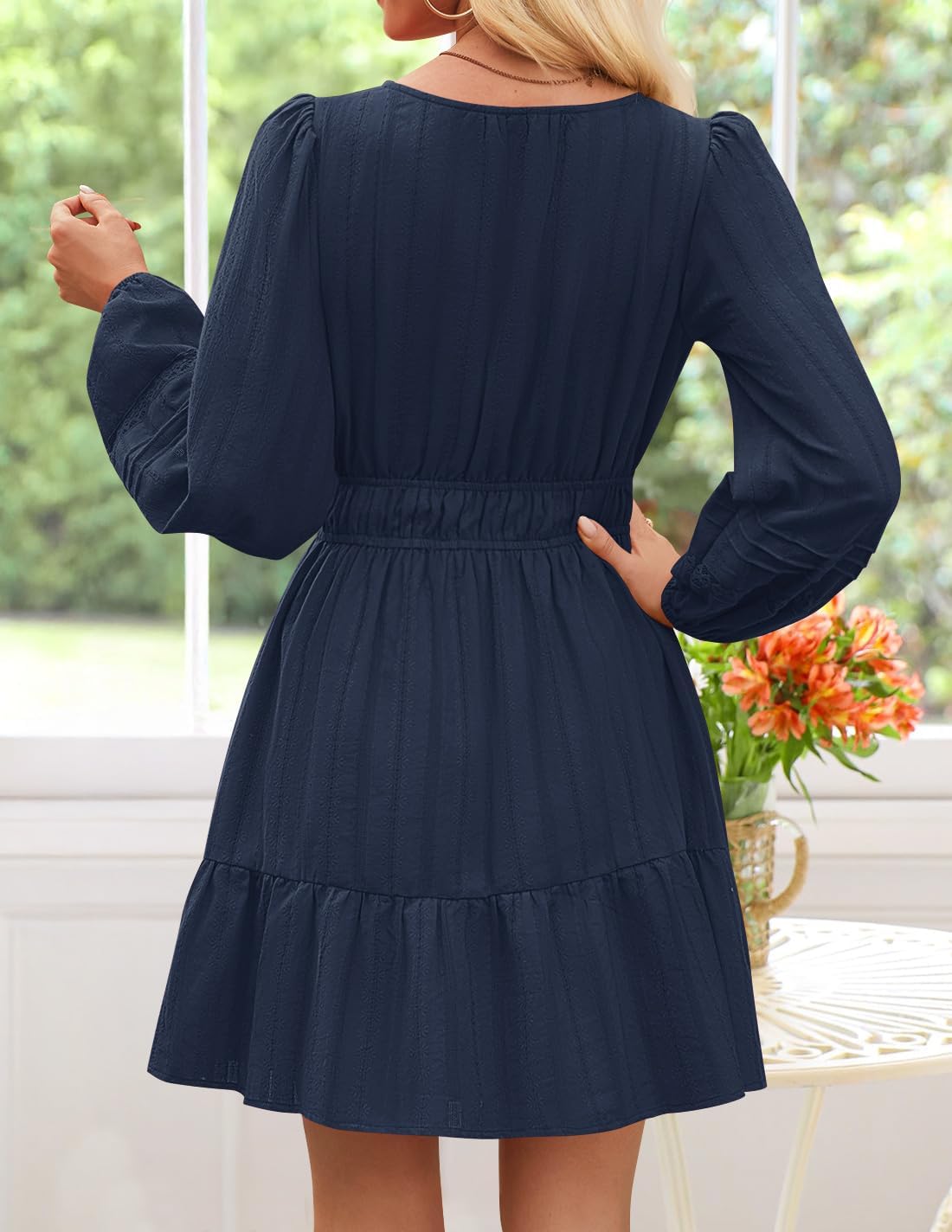 ZESICA Long Sleeve V Neck Mini Dresses for Women 2026 Spring High Waist Ruffle Pleated A Line Cocktail Party Short Dress - Image 3